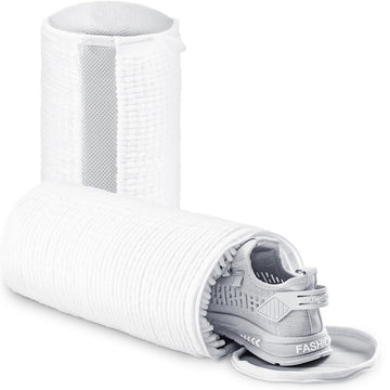 White shoe dryer with a gray shoe inside on a white background; White polyester mesh shoe washing laundry bag designed to protect shoes from deformation during machine washing