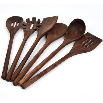 6-Piece Black Walnut Wooden Kitchen Utensil Set – Solid Wood Spoons, Spatulas & Cooking Tools
