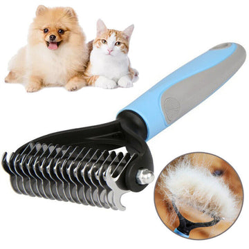 Dual-sided dog and cat grooming brush with ergonomic non-slip handle