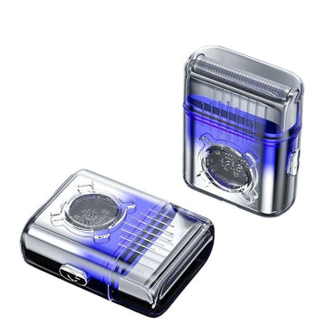 Two electric shavers with blue and clear design on a white background; Men's portable electric shaver with sleek gradient silver design and removable cutter head