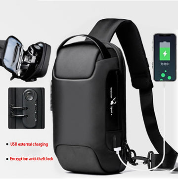 Men’s waterproof anti-theft USB shoulder sling bag in black Oxford cloth with single strap and multiple compartments for travel and daily use
