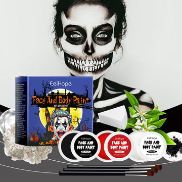 Halloween makeup palette with red, black, and white cream paints