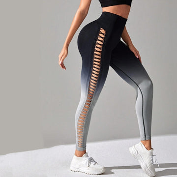 Woman wearing high-waisted gradient leggings in a yoga pose