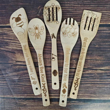 5-Piece Bamboo Cooking Utensil Set – Laser Engraved Holiday Shovels for Halloween & Christmas