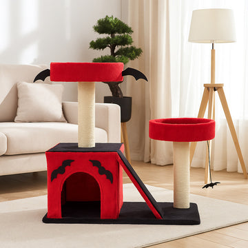 Gothic red and black Halloween cat tree with bat wings and spider toy