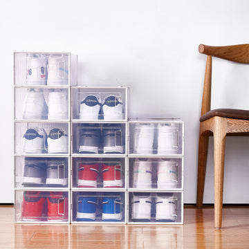 Set of stackable boxes displaying sneakers inside with clean visibility