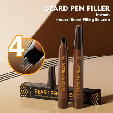 Beard pen filler with packaging on a beige background