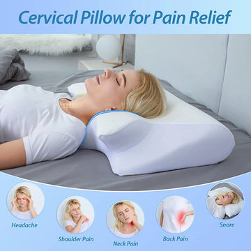 Cervical pillow for pain relief being used by a person on a bed, with text indicating it helps with various pains.