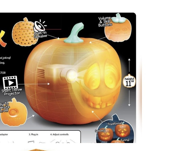 Talking pumpkin lantern projecting animated Halloween face indoors