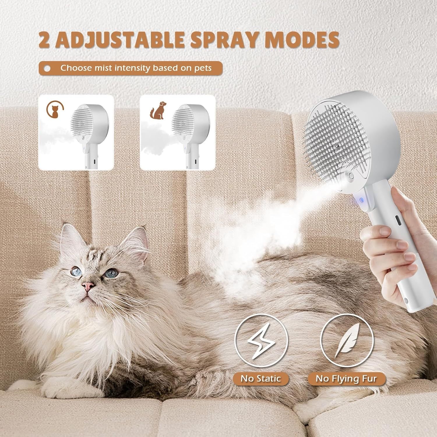 Person using a pet grooming steam brush on a fluffy cat with text about adjustable spray modes