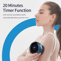 Woman using a handheld device on her shoulder with text about a 20-minute timer function