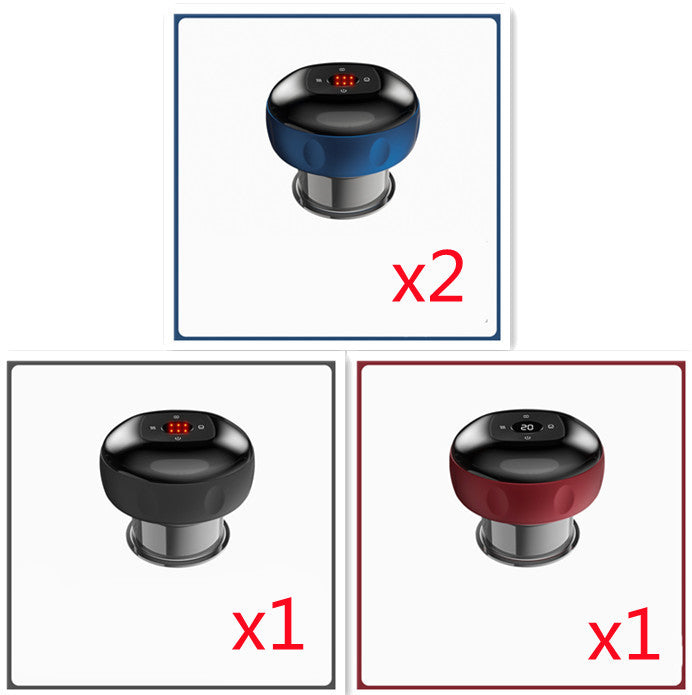 Three cylindrical devices with digital displays, two blue and one black, on a white background