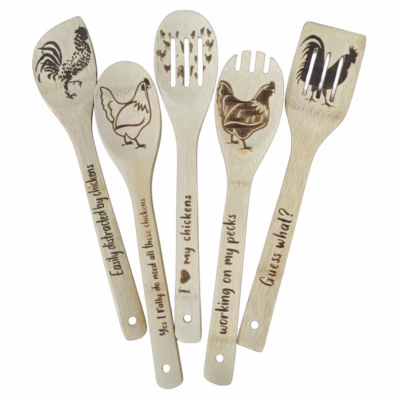 5-Piece Bamboo Cooking Utensil Set – Laser Engraved Holiday Shovels for Halloween & Christmas