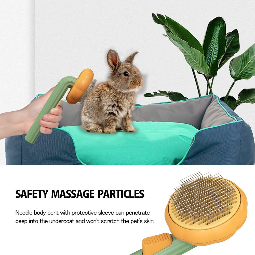 Pet grooming tool with a rabbit on a cushion, safety massage particles highlighted