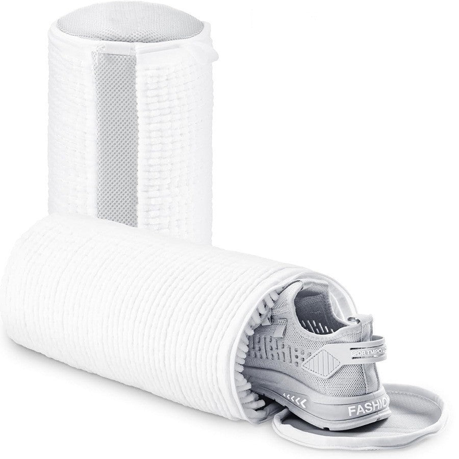 White shoe dryer with a gray shoe inside on a white background; White polyester mesh shoe washing laundry bag designed to protect shoes from deformation during machine washing