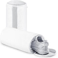 White shoe dryer with a gray shoe inside on a white background; White polyester mesh shoe washing laundry bag designed to protect shoes from deformation during machine washing