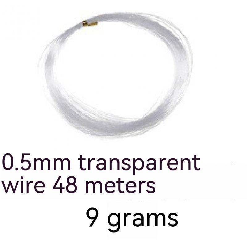 0.5mm transparent wire roll with weight and length information on a white background