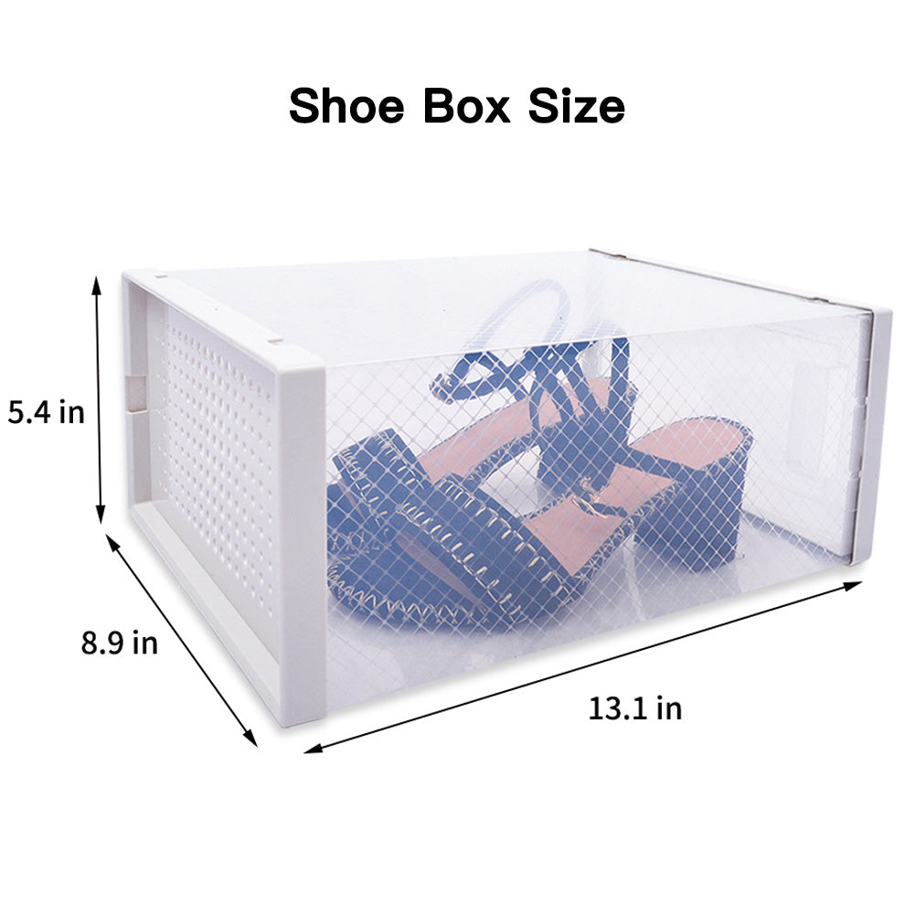 Transparent shoe box with dimensions labeled on a white background
