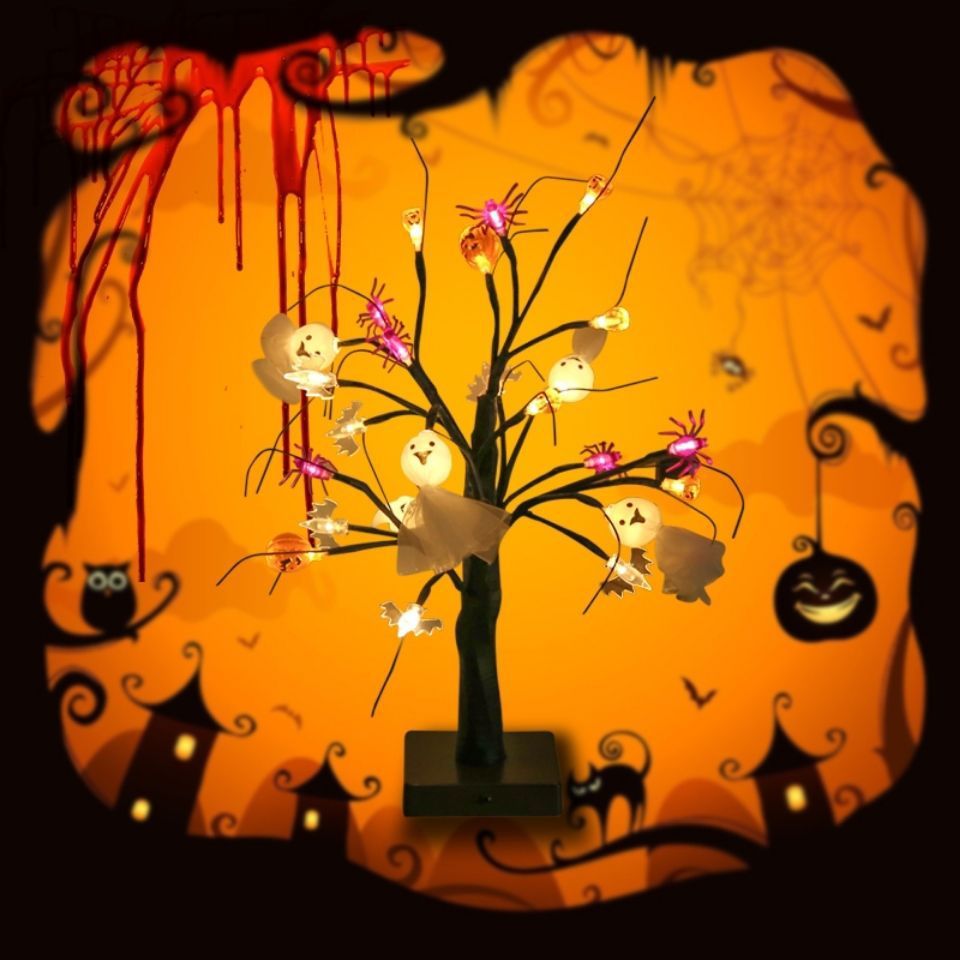 LED Halloween pumpkin spider birch tree light with warm white glow