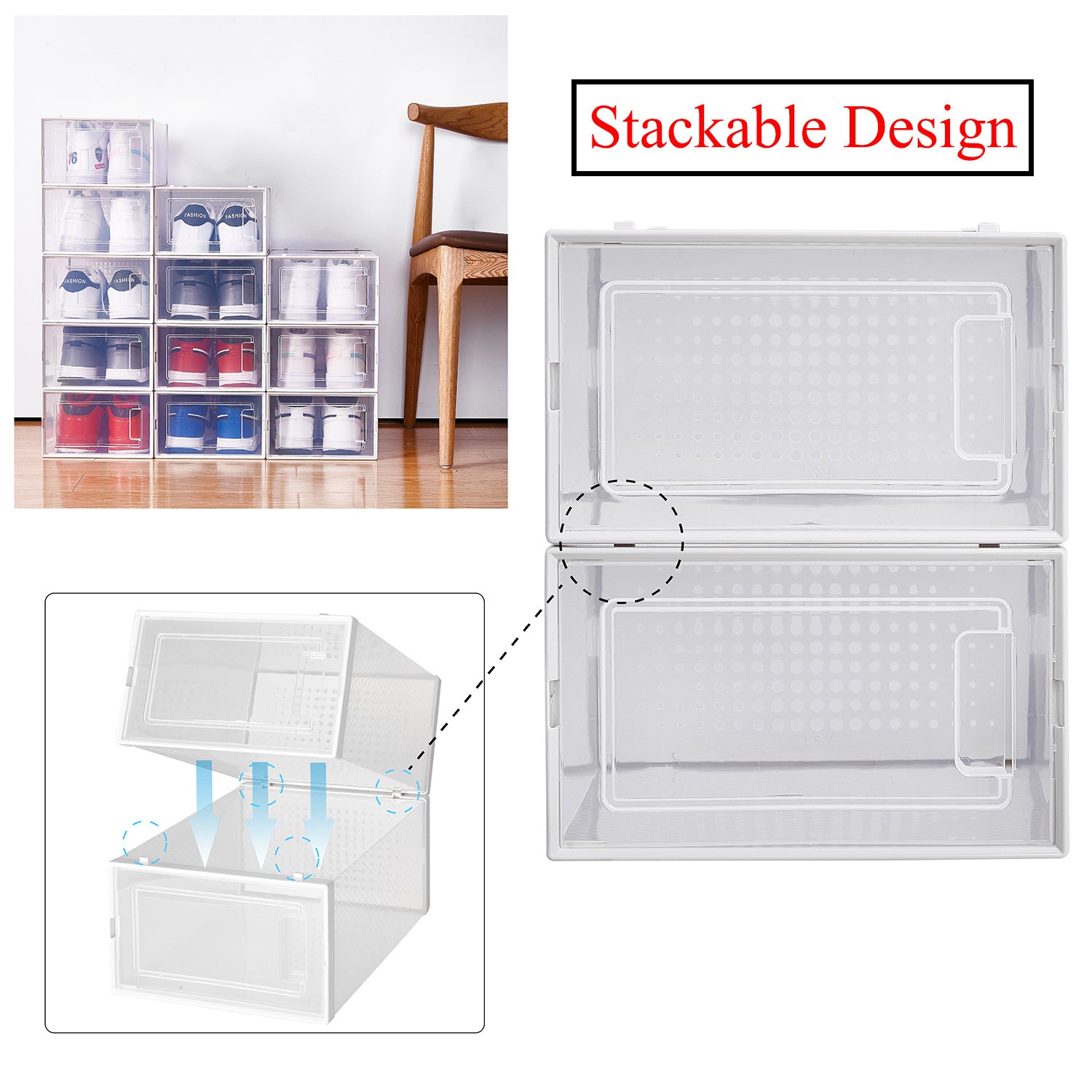Stackable clear storage boxes with a chair in the background