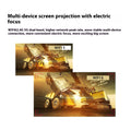 Advertisement for multi-device screen projection with electric focus, featuring images of a vehicle and text about WiFi 5 and WiFi 6 of Portable HY300 smart projector for home theatre use