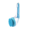 Long handle pet bath brush in blue color with soft bristles for cats and dogs