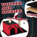 Cat play structure with red and black design, slide, and platform on a dark background.