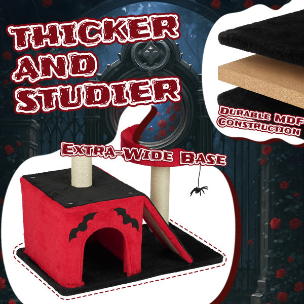 Cat play structure with red and black design, slide, and platform on a dark background.