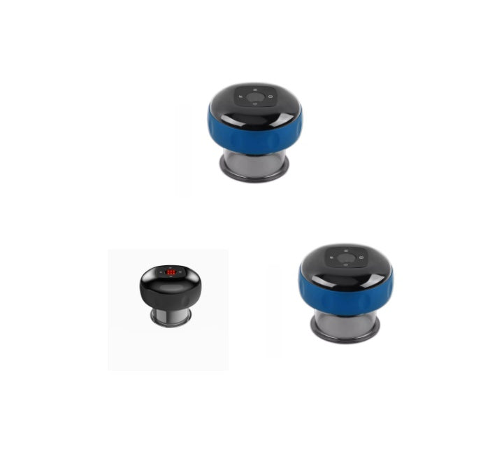 Set of three black and blue electronic devices on a white background