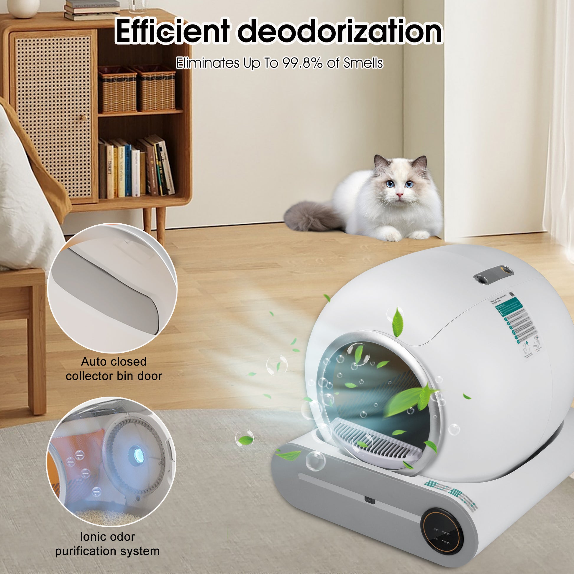 Efficient deodorization with Self-cleaning automatic cat litter box with app control, odor removal, and safety sensors for multiple cats
