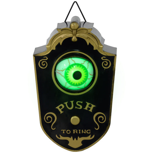 Decorative doorbell with glowing green eye and 'Push to Ring' text on a white background