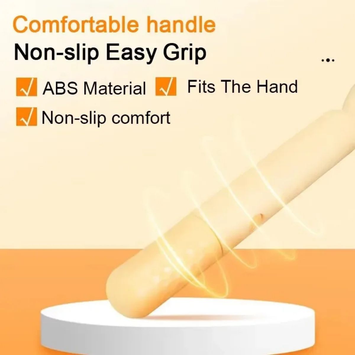 Product with a comfortable handle featuring non-slip easy grip, ABS material, and fits the hand on an orange background.