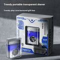 Trendy portable transparent shaver with branded box on a gray background