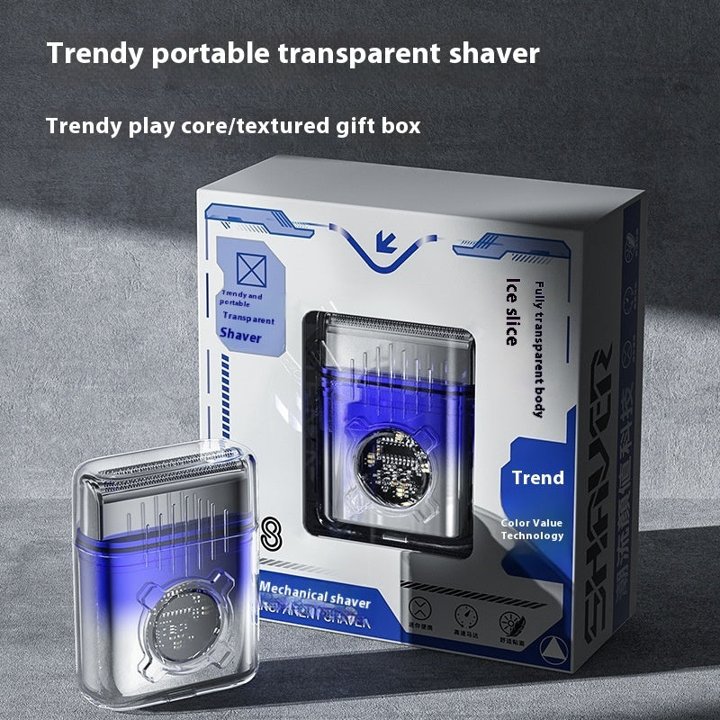 Trendy portable transparent shaver with branded box on a gray background