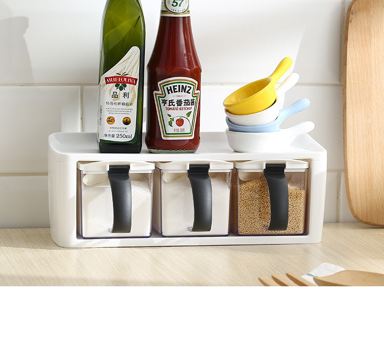 Multiple spice boxes stacked vertically to save counter space