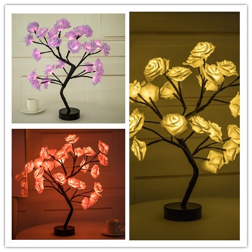 Collage of three LED tree lamps in different colors: pink, yellow, and red.
