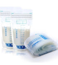 Roll and containers of breast milk storage bags on a white background; Stand-up baby milk bags with labeling space