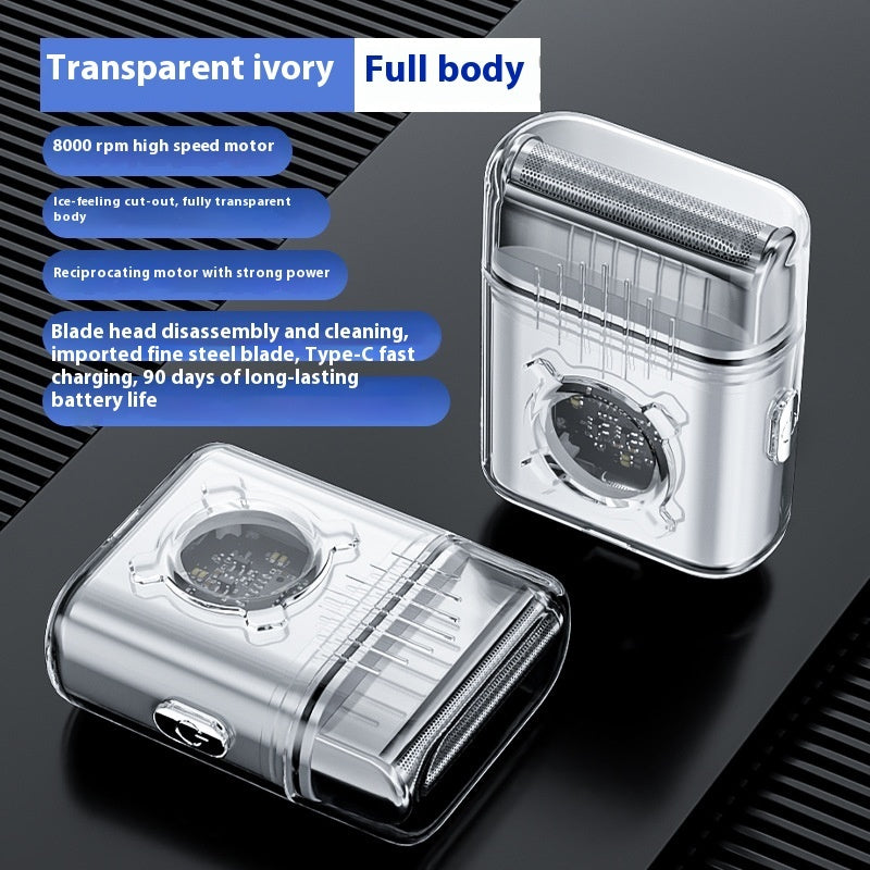 Transparent ivory electric shaver with features listed on a dark background