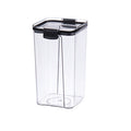 Clear storage container with a black lid on a white background