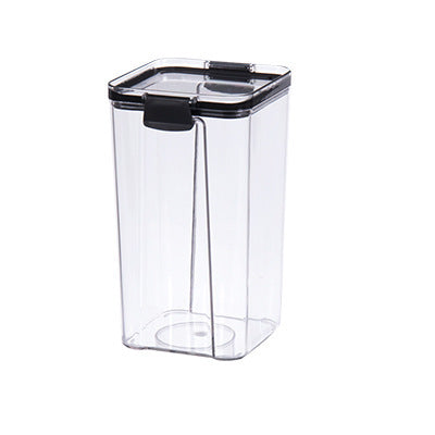 Clear storage container with a black lid on a white background