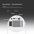 Back view of a white Portable HY300 smart projector for home theatre use with labelled ports on a grey background