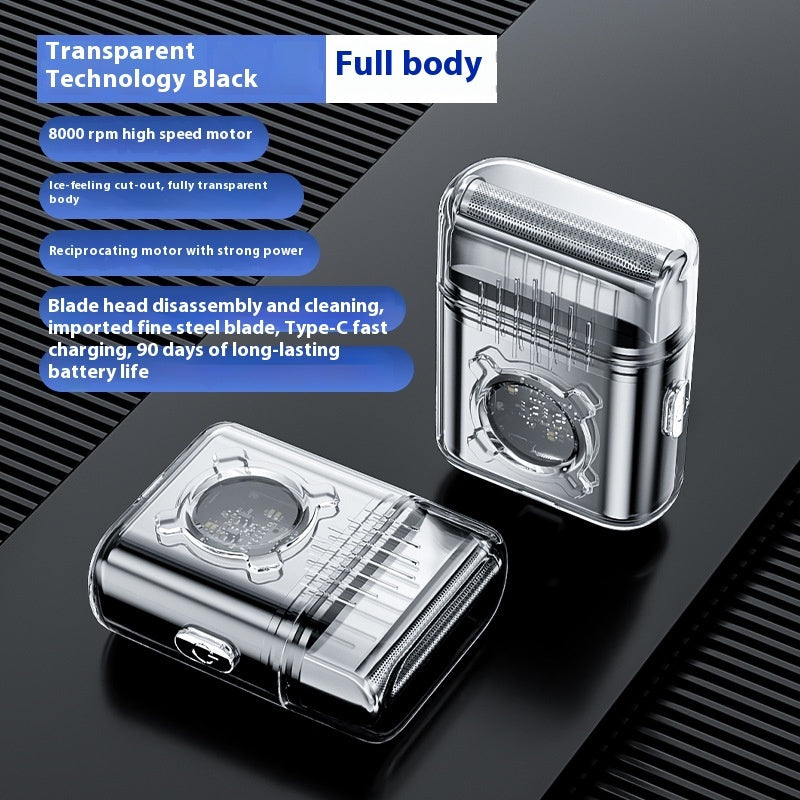Transparent technology black full body shaver with features listed on a dark background