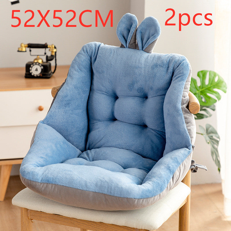 Blue chair cushion with bunny ears on a chair, labeled 52x52CM and 2pcs; Plush backrest-integrated chair cushion in neutral color