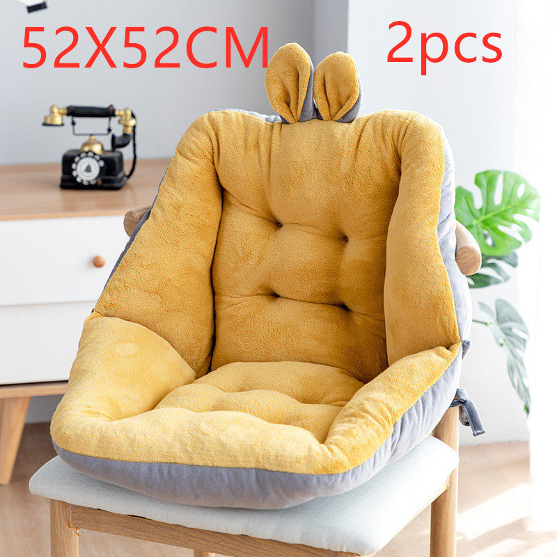 Yellow cushion with animal ears on a chair, labeled 52x52CM and 2pcs, in a room setting; placed on a wooden chair