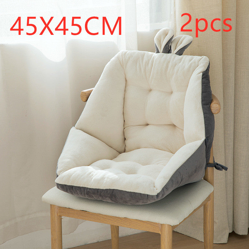 Two beige and gray seat cushions on a chair with dimensions 45x45cm displayed; featuring ergonomic design with tufted cotton filling