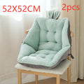 Two green and gray cushion covers on a chair with dimensions 52x52cm and quantity 2pcs displayed; Plush backrest-integrated chair cushion in neutral color