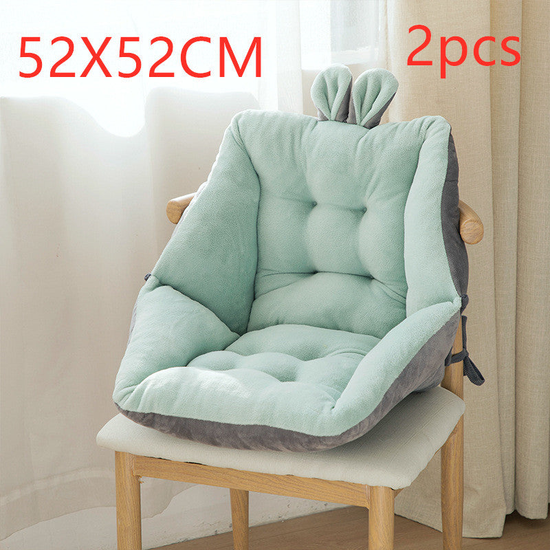 Two green and gray cushion covers on a chair with dimensions 52x52cm and quantity 2pcs displayed; Plush backrest-integrated chair cushion in neutral color