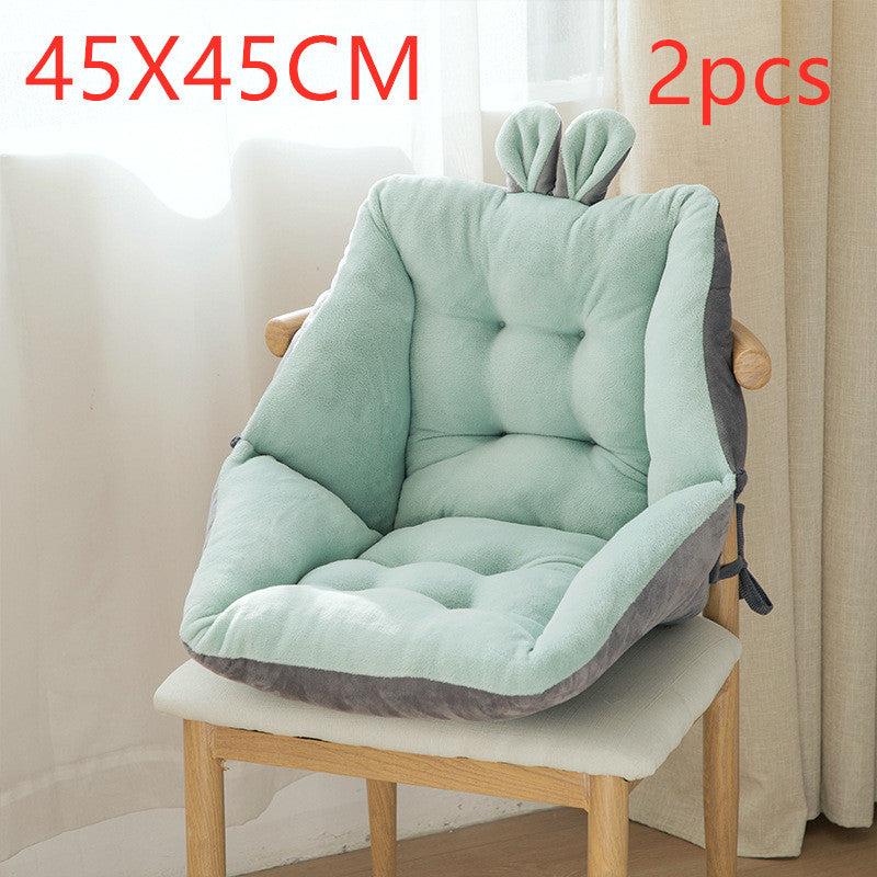 Two green and gray cushion pads on a chair with dimensions 45x45cm and quantity 2pcs displayed; Plush backrest-integrated chair cushion in neutral color