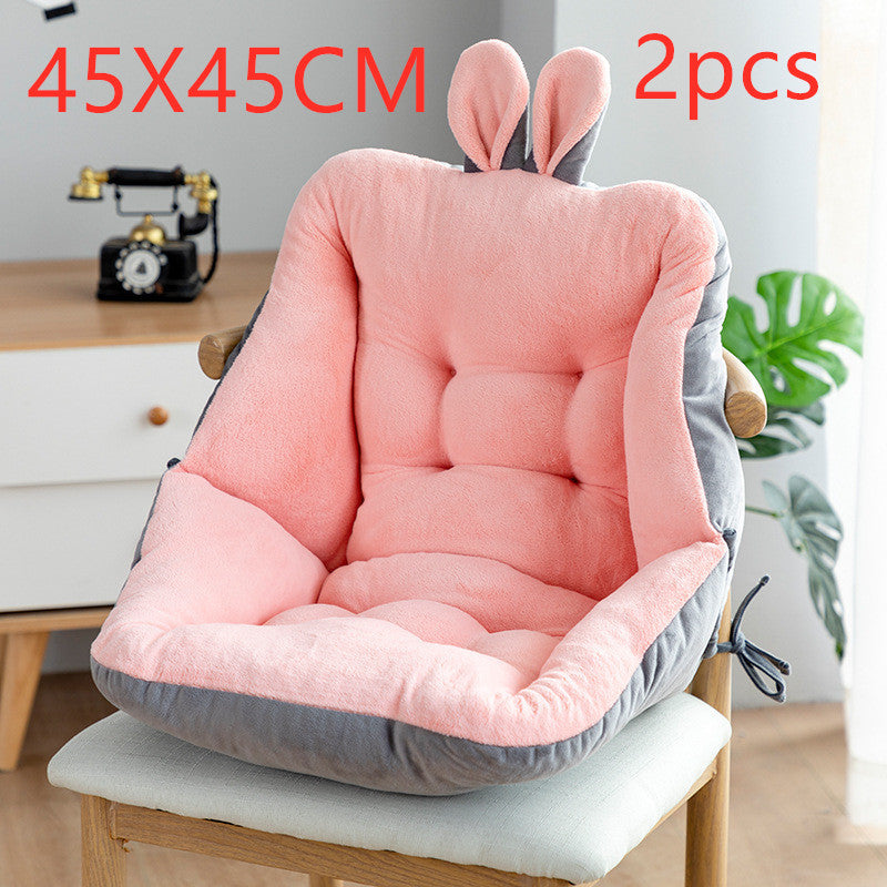 Pink and gray cushion with bunny ears on a chair, labeled 45x45CM and 2pcs; featuring ergonomic design with tufted cotton filling