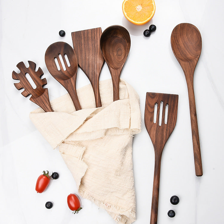 6-Piece Black Walnut Wooden Kitchen Utensil Set – Solid Wood Spoons, Spatulas & Cooking Tools